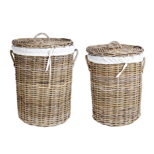 КОРЗИНА ДЛЯ БЕЛЬЯ КРУГЛ. НАБОР ИЗ 2Х LAUNDRY BASKET X2 KUALA GREY WOOD H60+H54 RATTAN COTE TABLE, Арт.: 32722