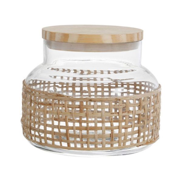 Банка с крышкой, JAR WITH LID CAP NATURAL D12XH10.5CM GLASS+CANE ,Cote Table ,Арт.: 37173